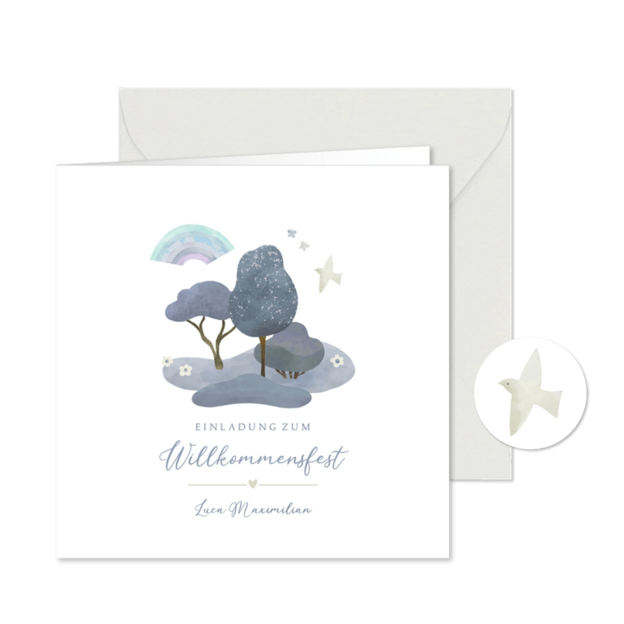 Einladung Willkommensfest Natur blau - Karteneindruck