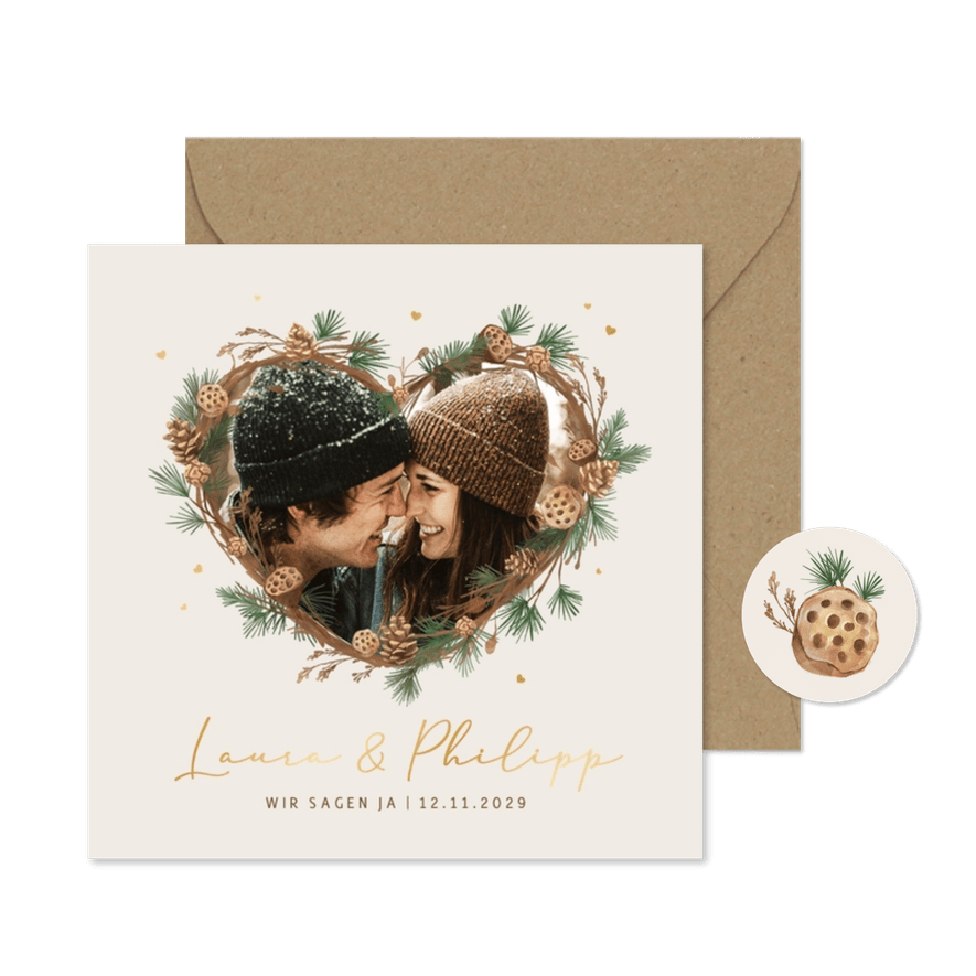 Einladung Winter Hochzeit Herz mit Tannenzweigen - Kartenvorschau