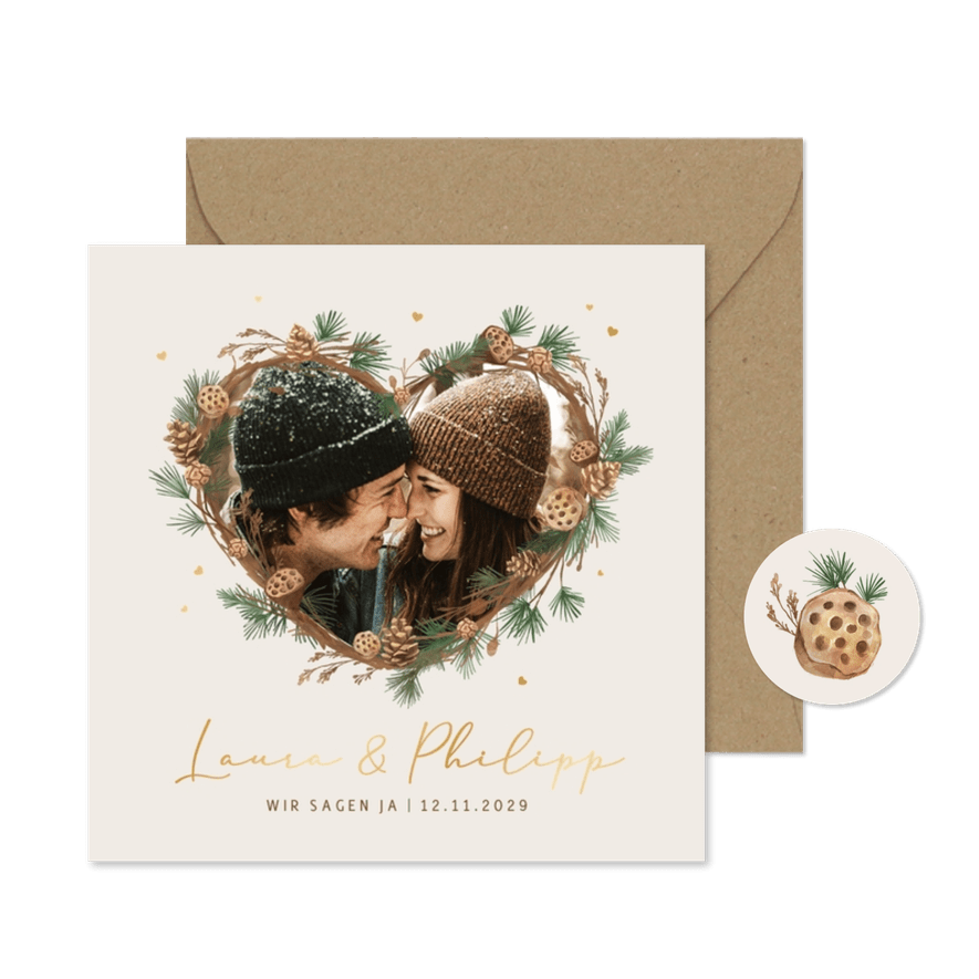 Einladung Winter Hochzeit Herz mit Tannenzweigen - Karteneindruck