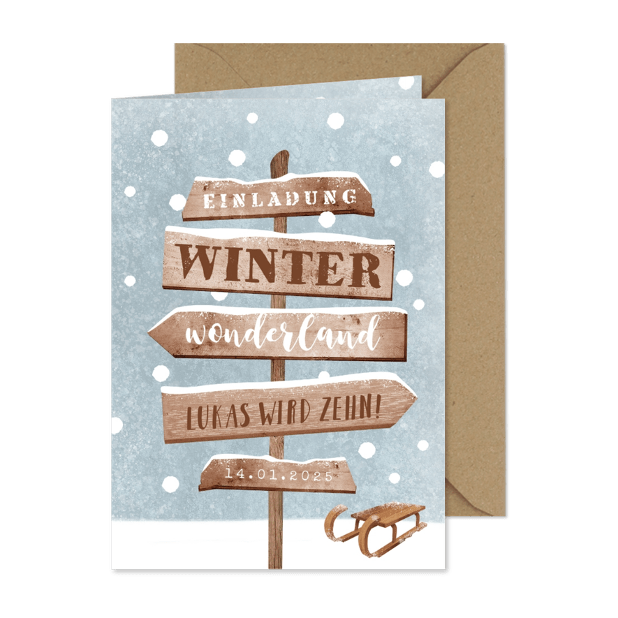 Einladung Winter-Kindergeburtstag Schlitten 10 Jahre - Karteneindruck