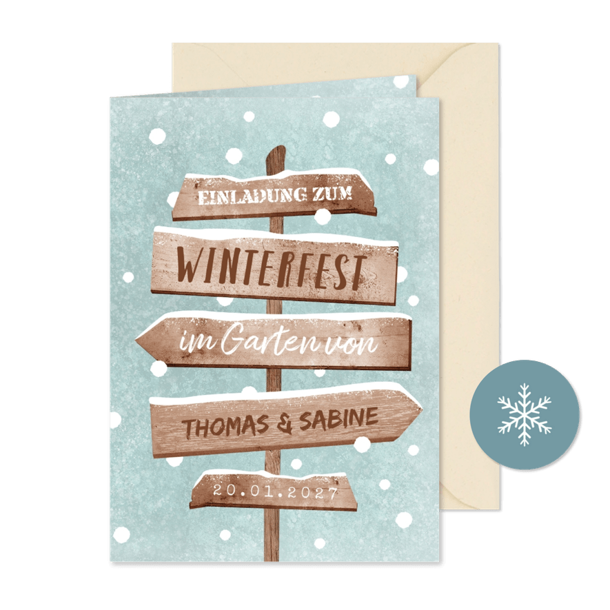 Einladung Winterfest Wegweiser & Schnee - Karteneindruck
