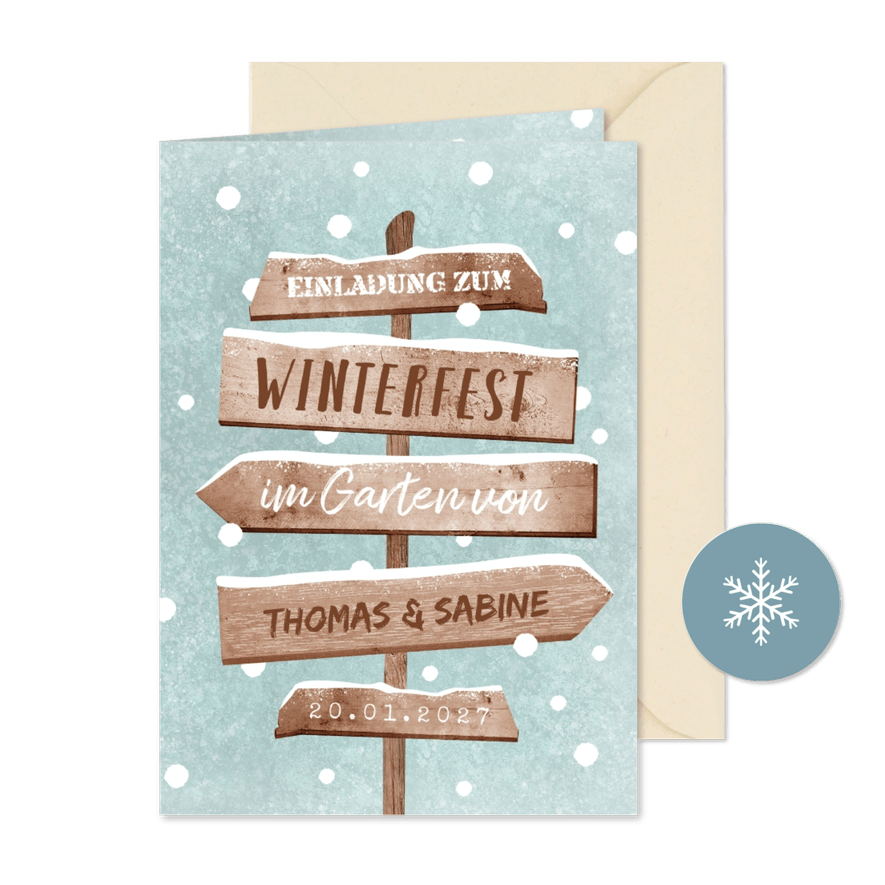 Einladung Winterfest Wegweiser & Schnee - Karteneindruck
