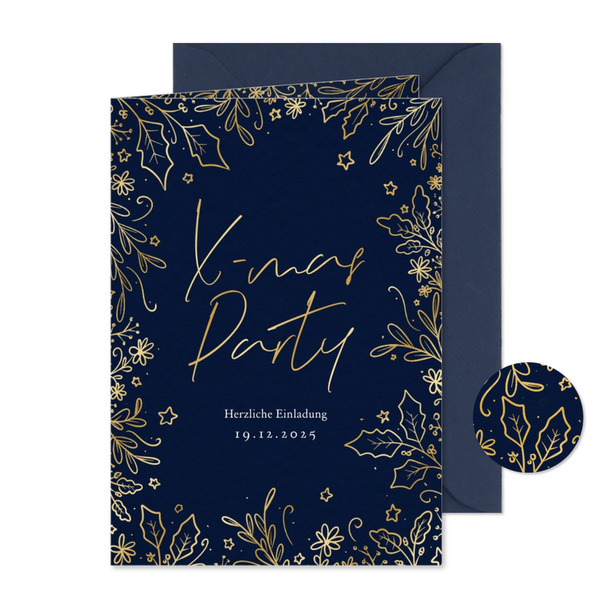 Einladung X-Mas-Party Dunkelblau mit Goldrahmen - Karteneindruck
