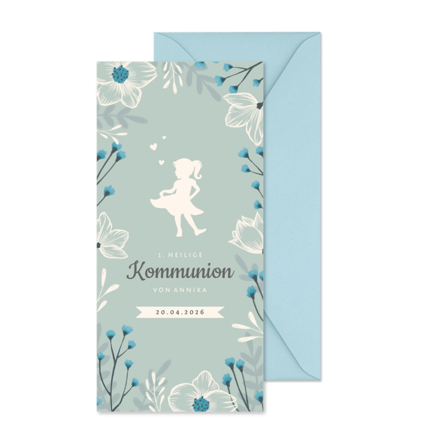 Einladung zu Kommunion hellblau Blumenrahmen Scherenschnitt - Karteneindruck
