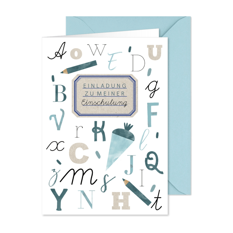 Einladung zu meiner Einschulung ABC in Blau - Karteneindruck