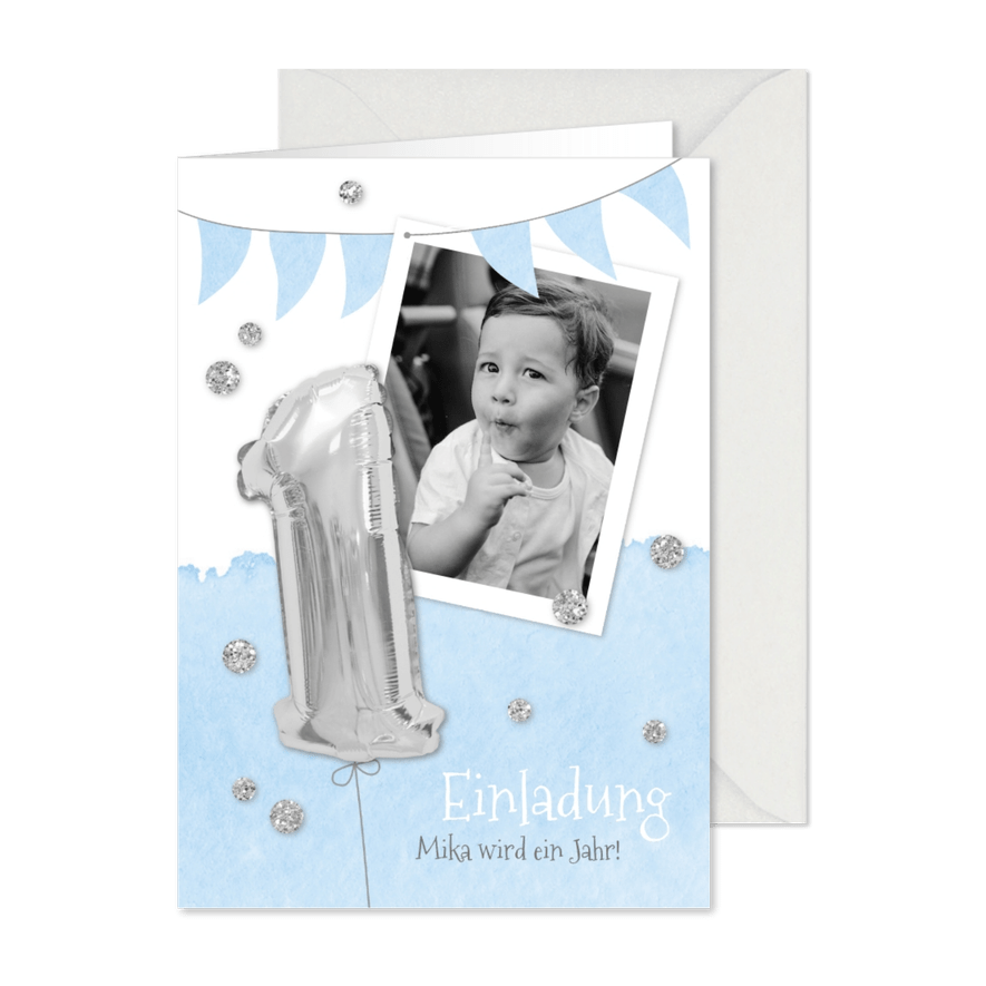 Einladung zum 1. Geburtstag blau Silberballon und Foto  - Karteneindruck
