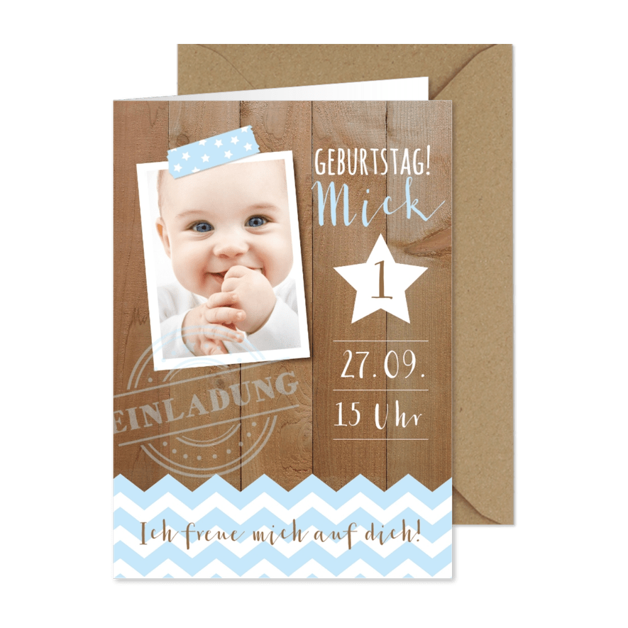 Einladung zum 1. Geburtstag Blue Sweetheart - Karteneindruck