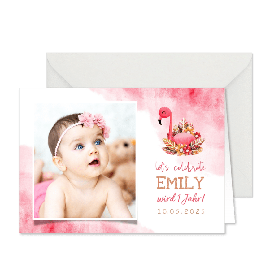 Einladung zum 1. Geburtstag Flamingo - Karteneindruck