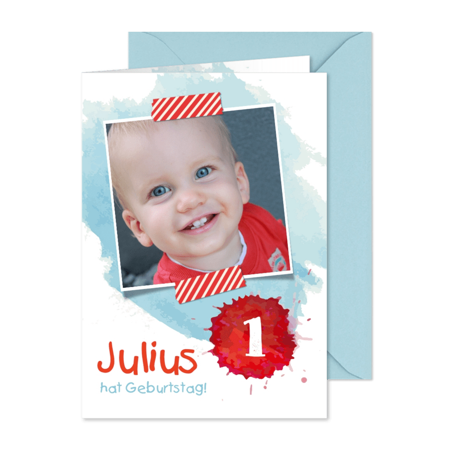 Einladung zum 1. Geburtstag Foto und Farbkleckse - Karteneindruck