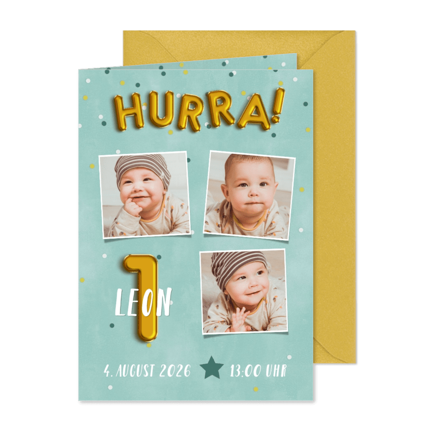 Einladung zum 1. Geburtstag Junge Folienballons - Karteneindruck
