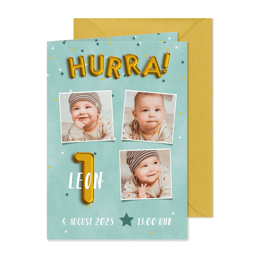 Einladung zum 1. Geburtstag Junge Folienballons - Karteneindruck
