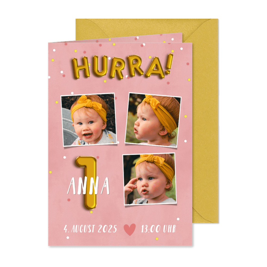 Einladung zum 1. Geburtstag Mädchen Folienballons - Karteneindruck