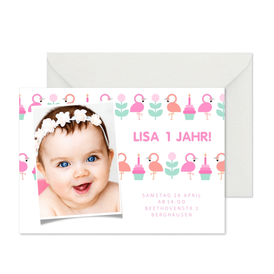 Einladung zum 1. Geburtstag mit Cupcakes und Flamingos - Karteneindruck