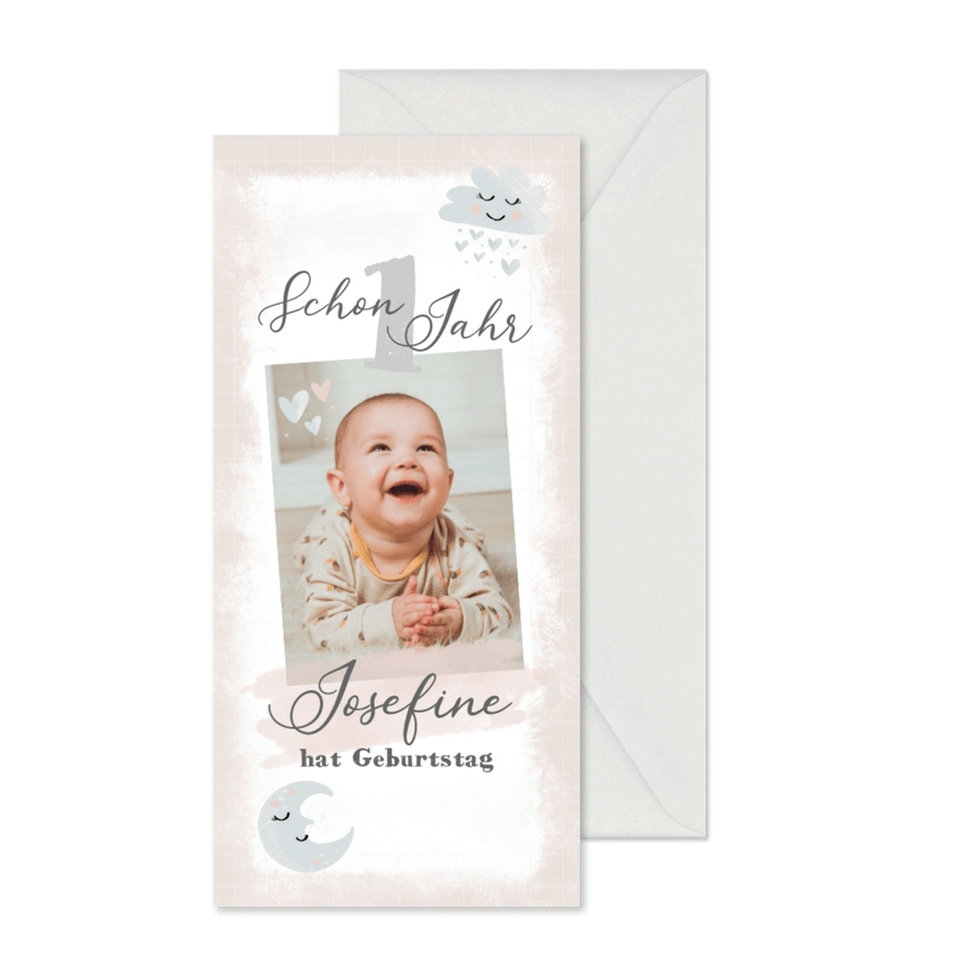 Einladung zum 1. Geburtstag mit Mond und Wölkchen - Karteneindruck
