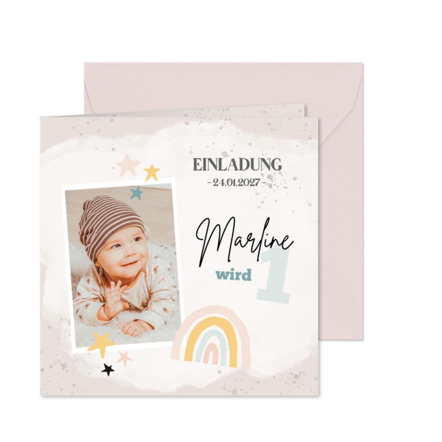 Einladung zum 1. Geburtstag mit niedlichem Regenbogen - Karteneindruck
