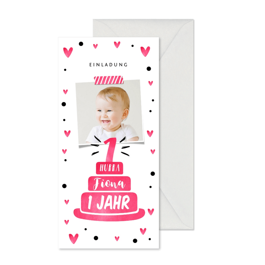 Einladung zum 1. Geburtstag mit pinker Torte und Herzen - Karteneindruck