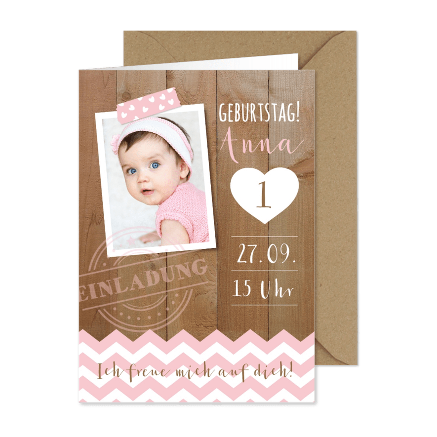 Einladung zum 1. Geburtstag Pink Sweetheart - Kartenvorschau