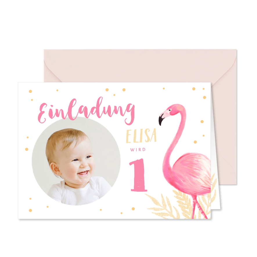 Einladung zum 1. Geburtstag rundes Foto und Flamingo - Kartenvorschau