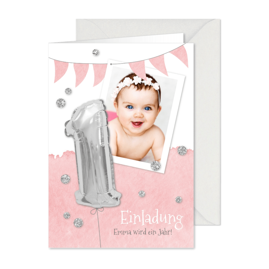 Einladung zum 1. Geburtstag Silberballon und Foto - Karteneindruck