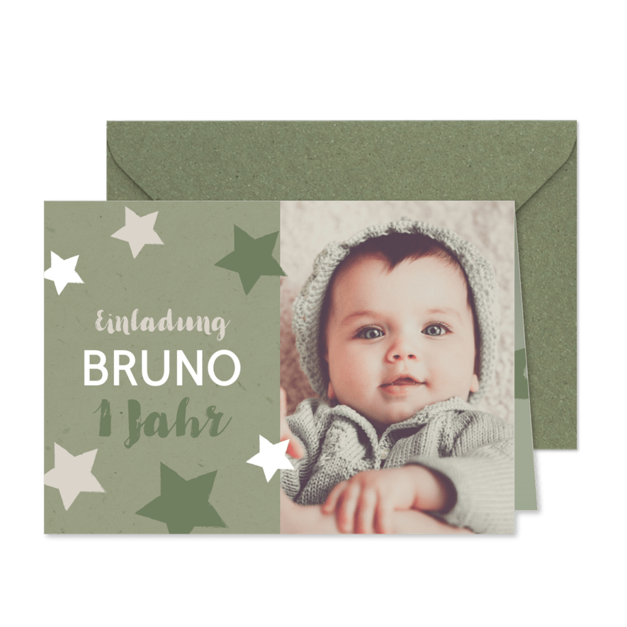 Einladung zum 1. Geburtstag Sterne olivgrün - Karteneindruck
