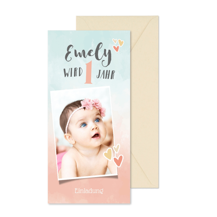 Einladung zum 1. Kindergeburtstag Aquarell bunt und Foto - Karteneindruck