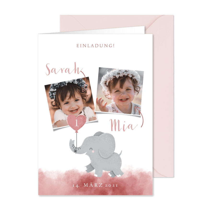 Einladung zum 1. Kindergeburtstag Aquarellrosa Zwillinge  - Karteneindruck
