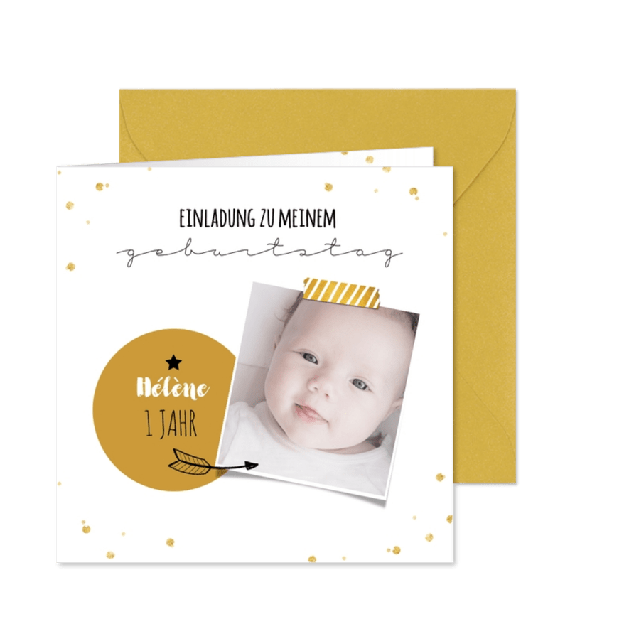 Einladung zum 1. Kindergeburtstag Goldschatz mit Foto - Karteneindruck