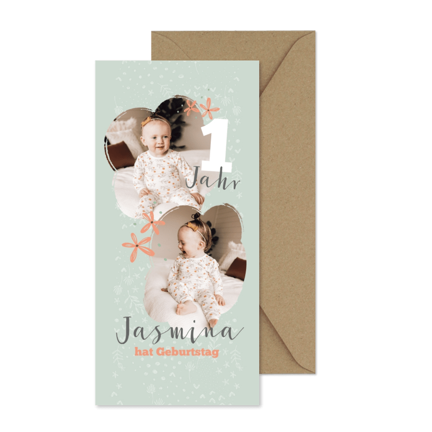 Einladung zum 1. Kindergeburtstag mit floralem Design - Kartenvorschau
