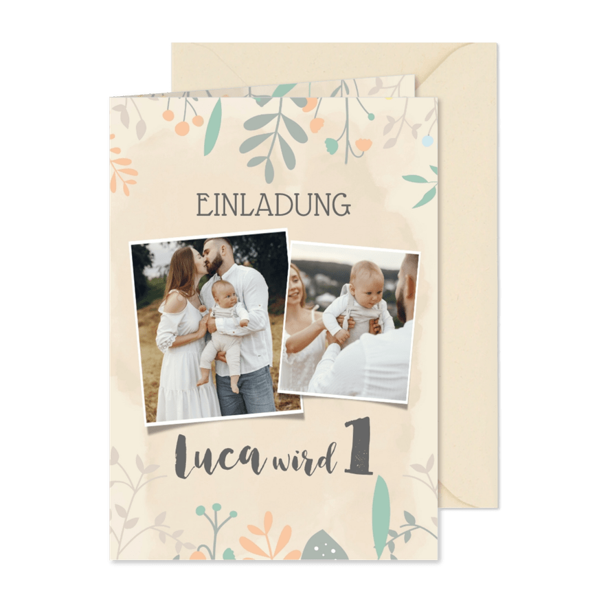 Einladung zum 1. Kindergeburtstag mit Ranken pastell - Karteneindruck
