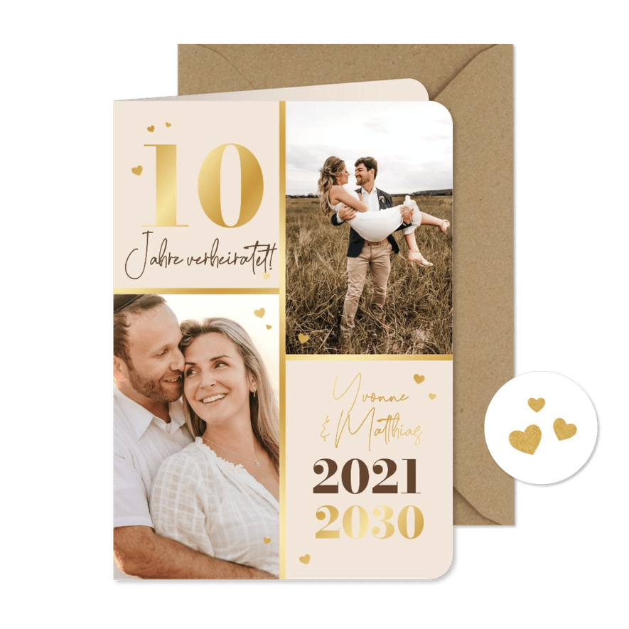 Einladung zum 10. Hochzeitsjubiläum Fotocollage & Gold - Karteneindruck