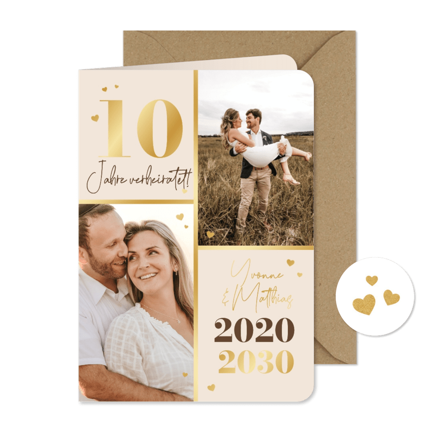 Einladung zum 10. Hochzeitsjubiläum Fotocollage & Gold - Karteneindruck
