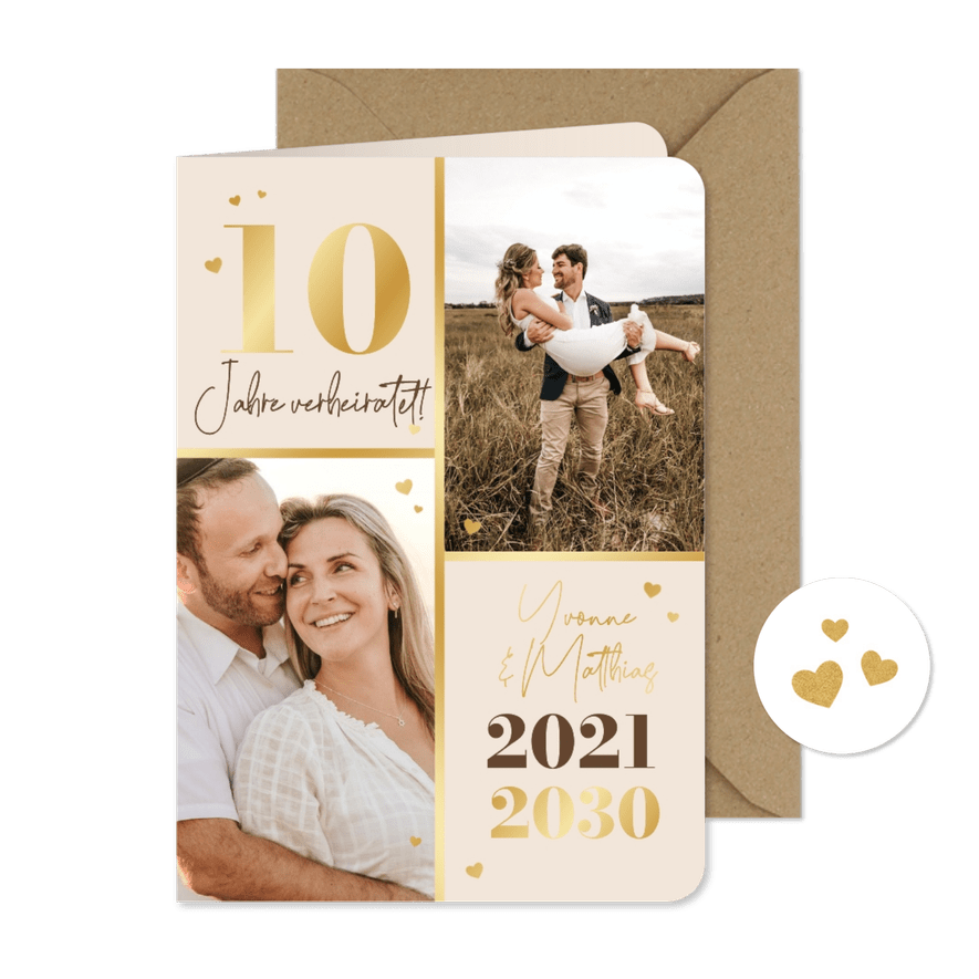 Einladung zum 10. Hochzeitsjubiläum Fotocollage & Gold - Karteneindruck
