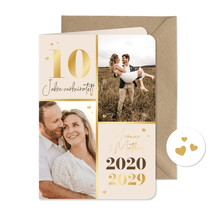 Einladung zum 10. Hochzeitsjubiläum Fotocollage & Gold - Karteneindruck
