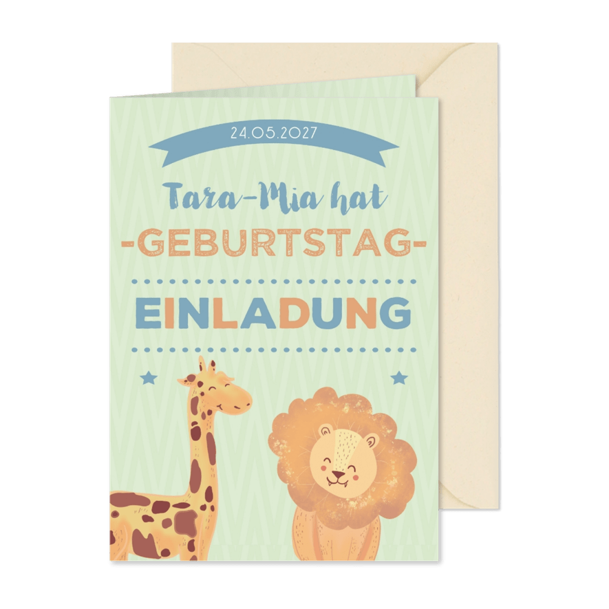 Einladung zum 10. Kindergeburtstag mit Zootieren - Karteneindruck
