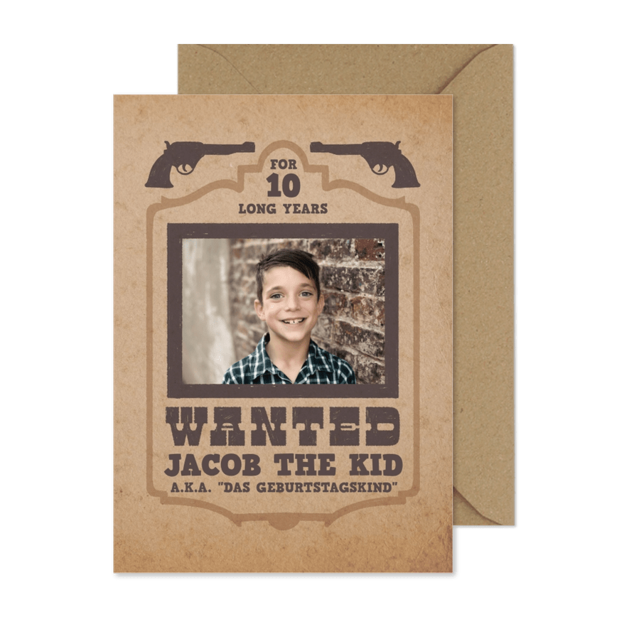 Einladung zum 10. Kindergeburtstag 'Wanted' - Karteneindruck
