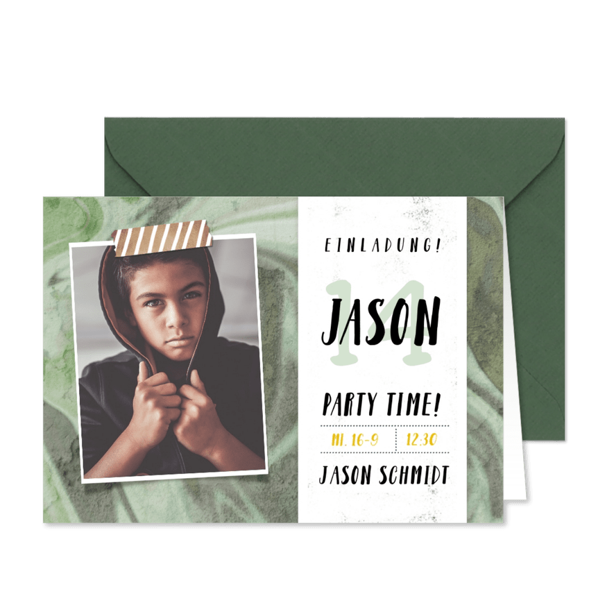 Einladung zum 14. Geburtstag grüne Graffiti Wand - Karteneindruck
