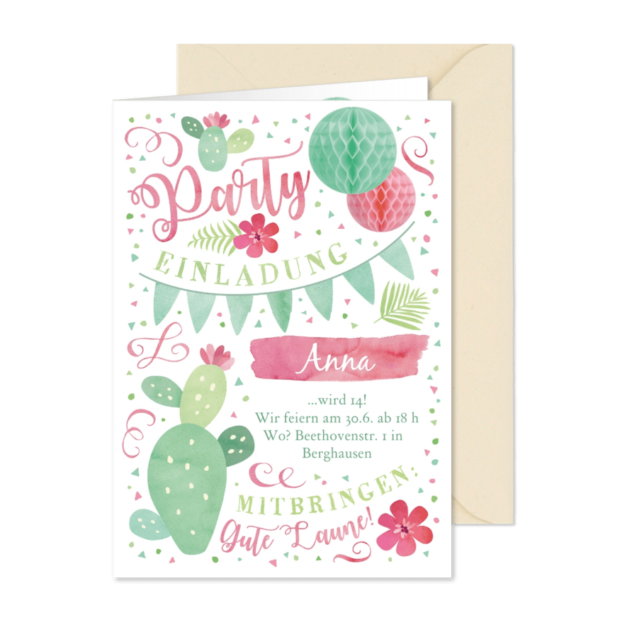 Einladung zum 14. Geburtstag in sommerlichen Farben  - Karteneindruck
