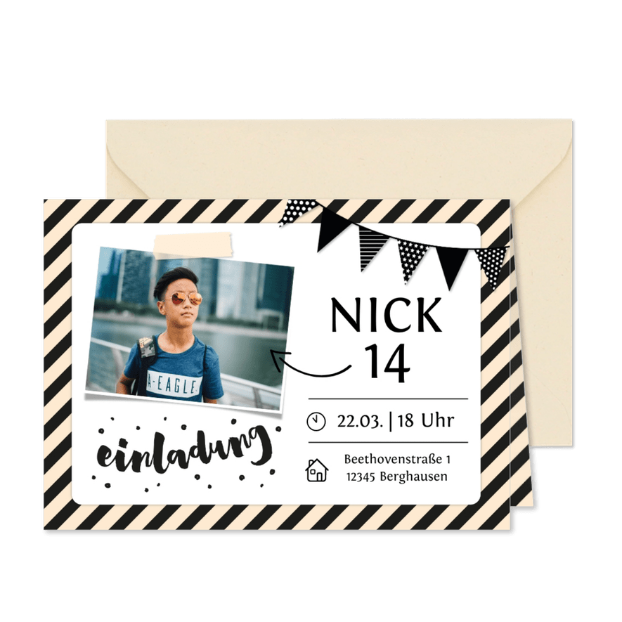 Einladung zum 14. Geburtstag mit Foto und Rahmen - Karteneindruck
