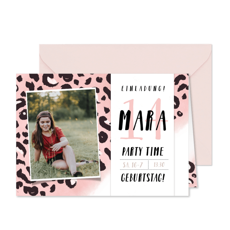 Einladung zum 14. Geburtstag rosa Leopardenmuster - Karteneindruck
