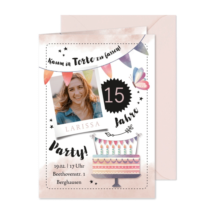 Einladung zum 15. Geburtstag Wasserfarbe und Torte mit Foto - Karteneindruck
