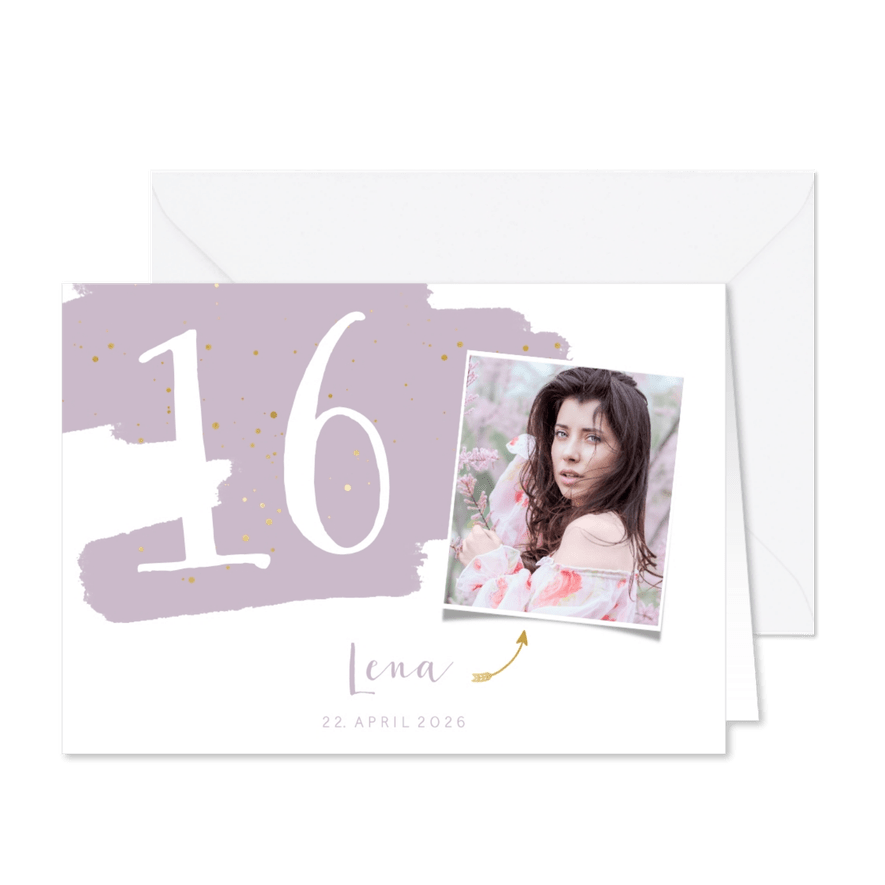 Einladung zum 16. Geburtstag lila Hintergrund mit Foto - Karteneindruck