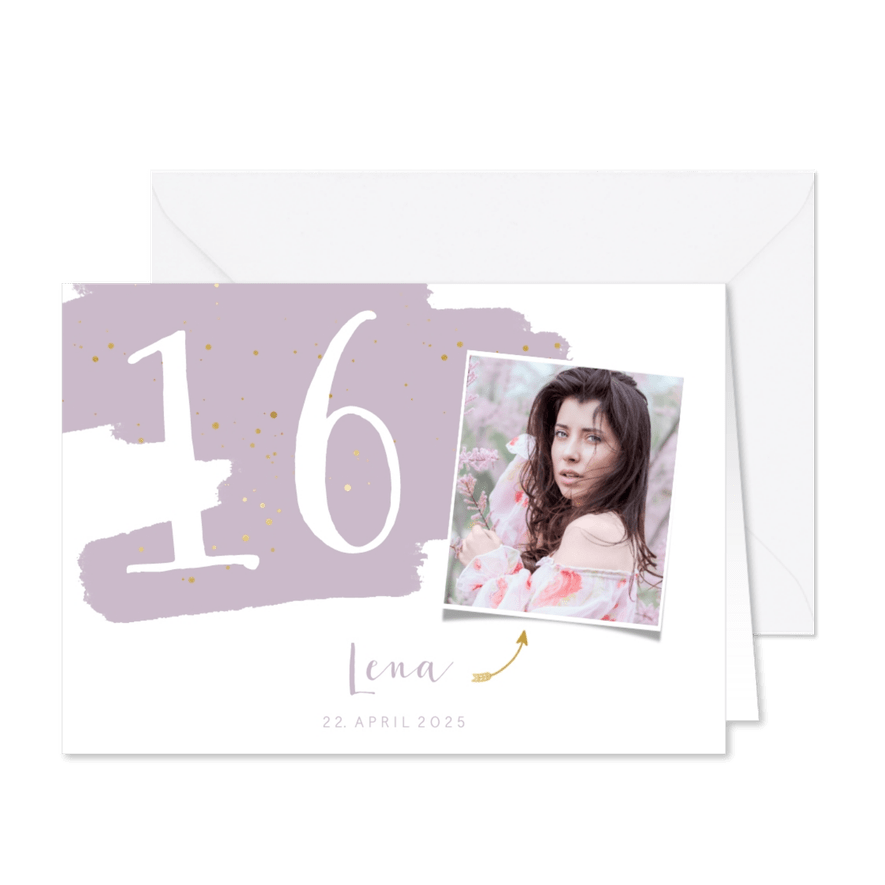 Einladung zum 16. Geburtstag lila Hintergrund mit Foto - Karteneindruck
