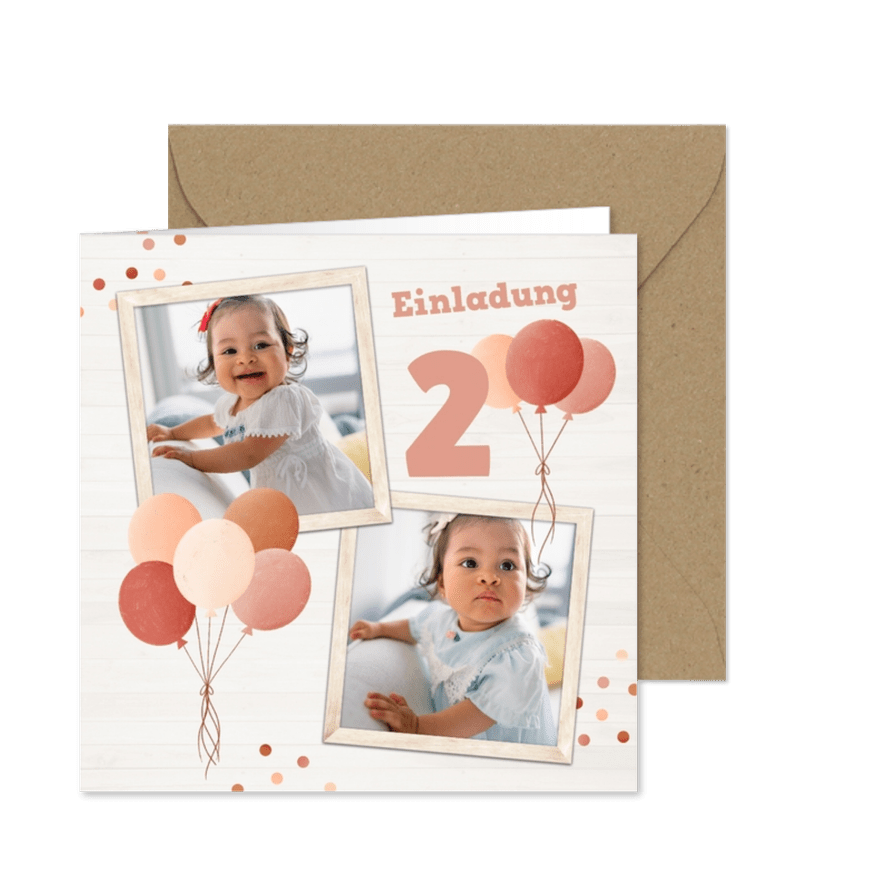 Einladung zum 2. Geburtstag Fotos Luftballons rosé - Karteneindruck