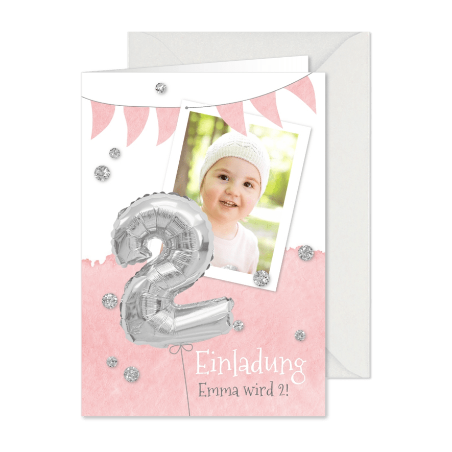 Einladung zum 2. Geburtstag mit Foto und Silberballon - Kartenvorschau