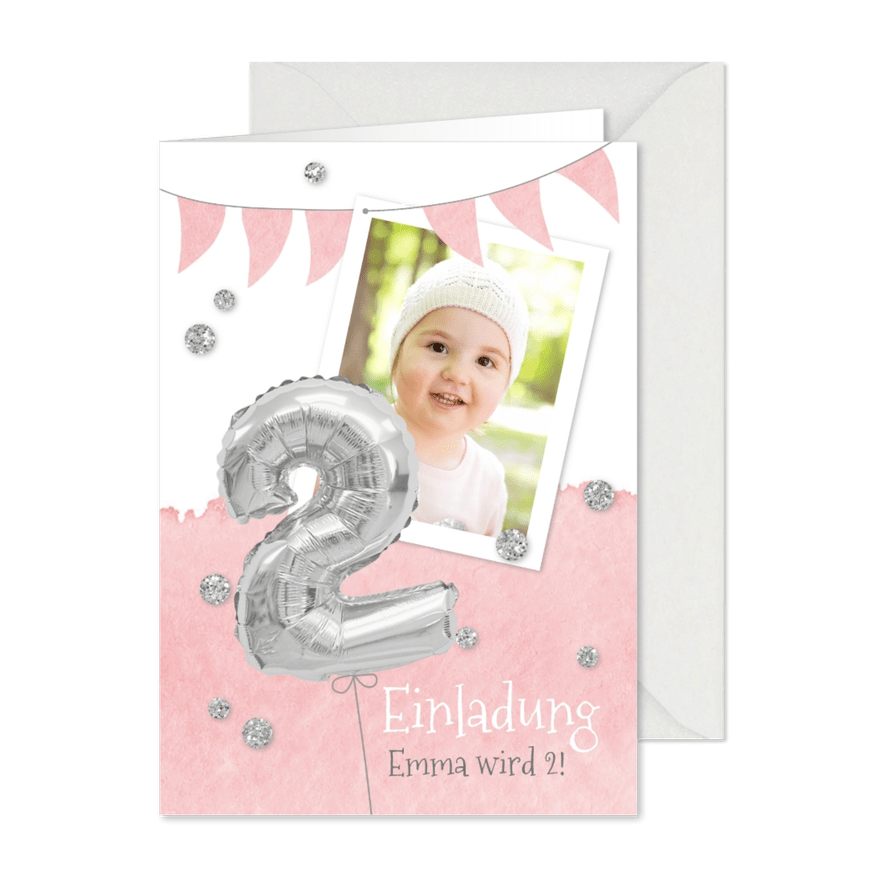 Einladung zum 2. Geburtstag mit Foto und Silberballon - Karteneindruck