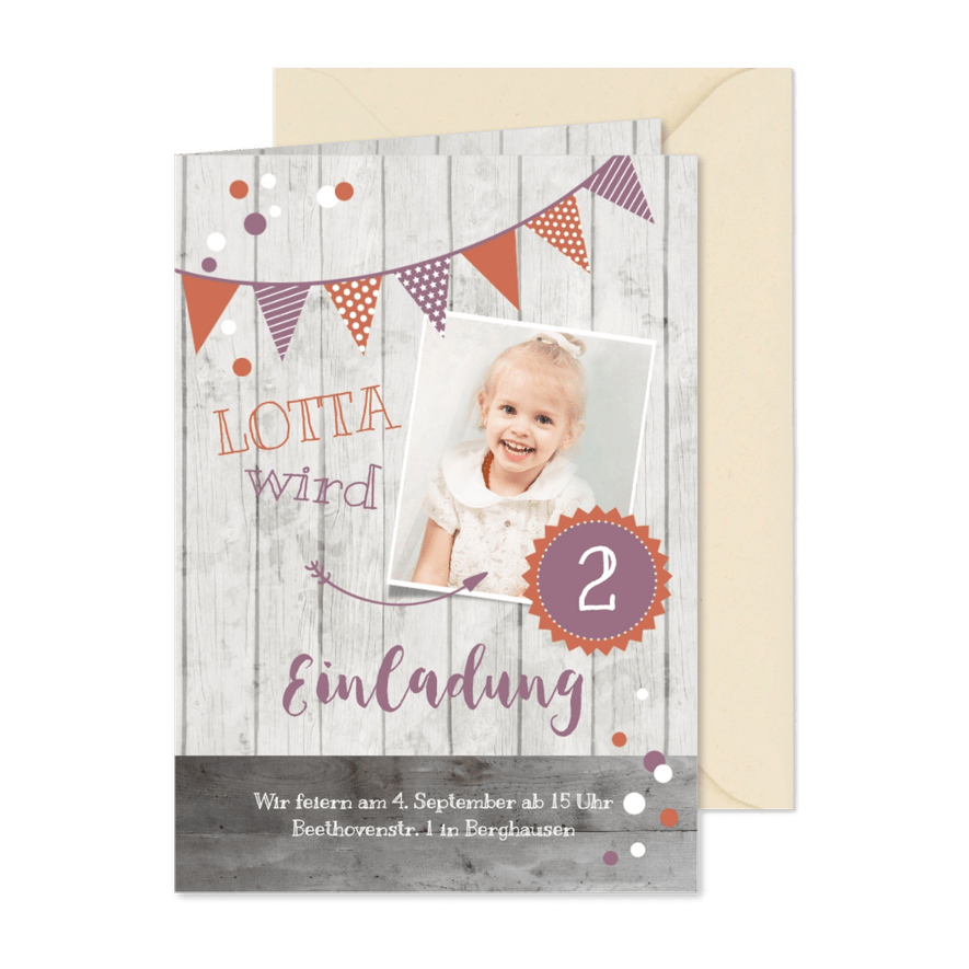 Einladung zum 2. Kindergeburtstag Dusky Pink & Orange - Karteneindruck