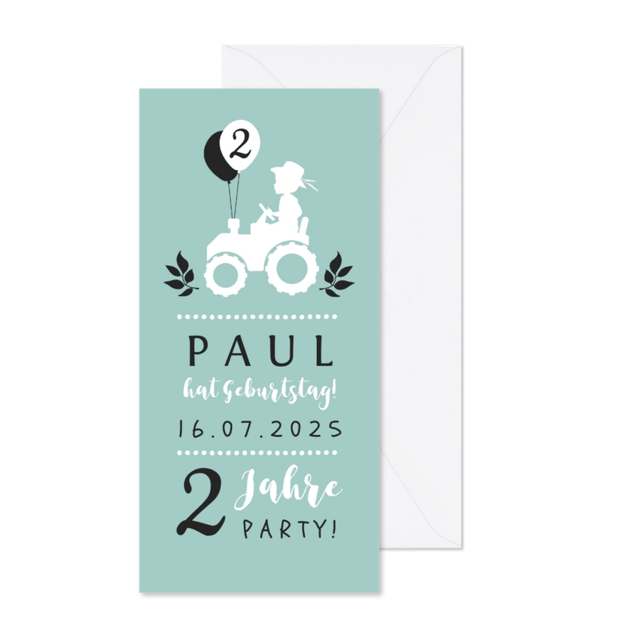 Einladung zum 2. Kindergeburtstag Junge mit Traktor - Karteneindruck