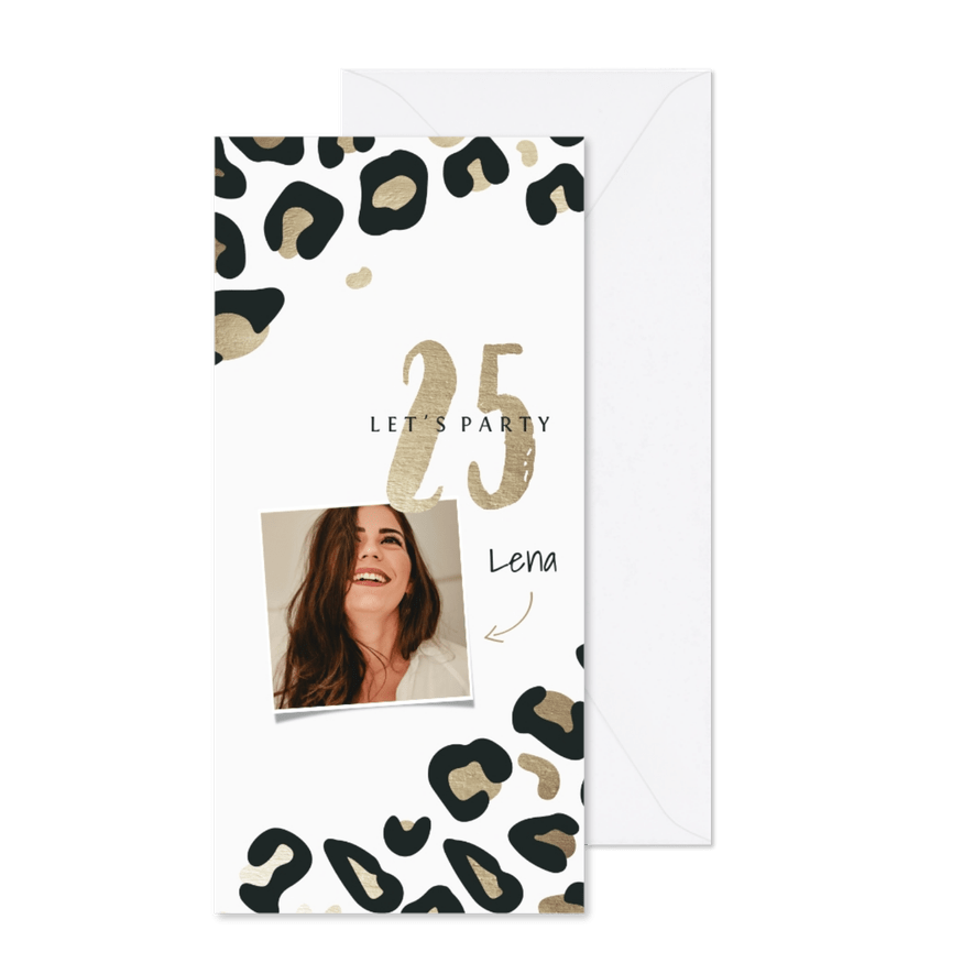 Einladung zum 25. Geburtstag Leopardenmuster mit Foto - Karteneindruck
