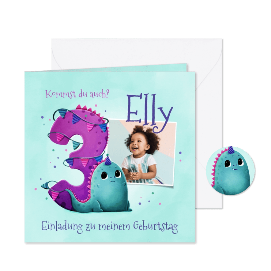Einladung zum 3. Geburtstag kleiner Dino & Foto - Karteneindruck
