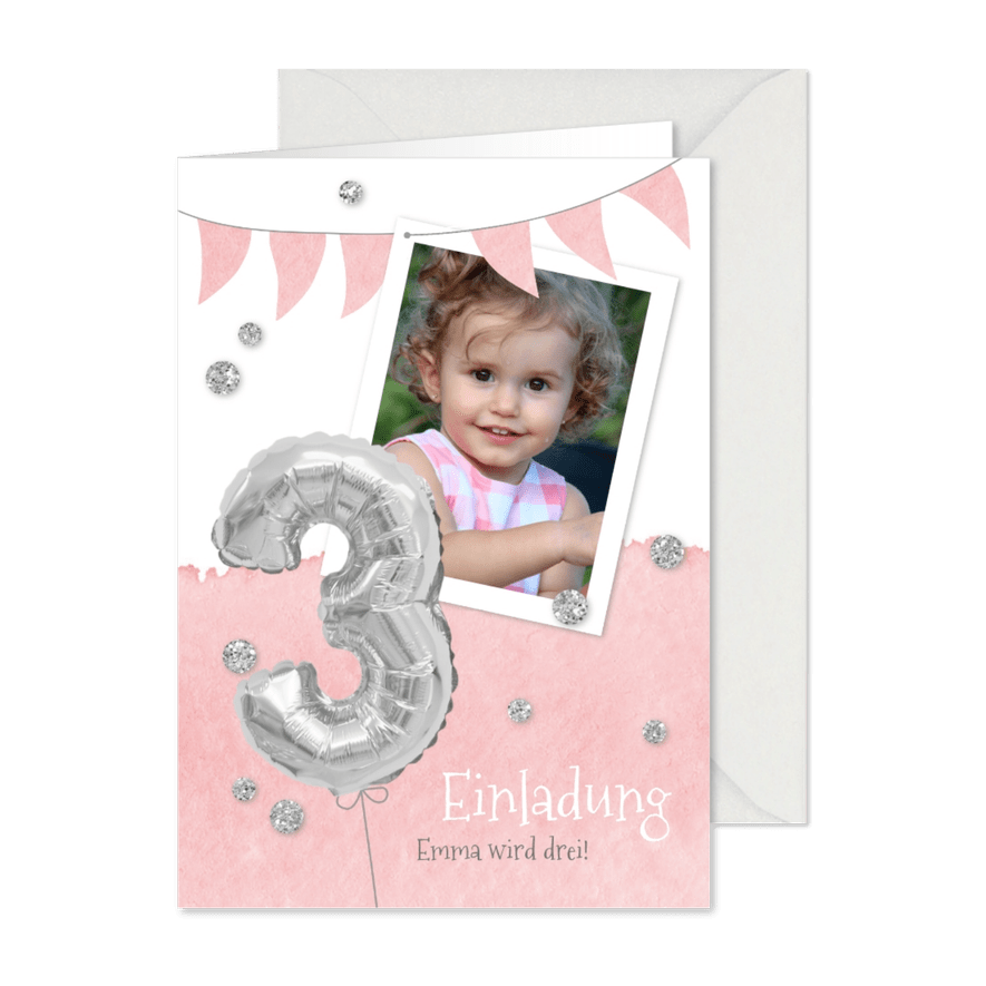 Einladung zum 3. Geburtstag mit Foto und Silberballon - Karteneindruck